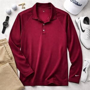 NIKE GOLF LARGE ✨ long sleeve Men's RED/Burgundy Polo Shirt excellent Wicking